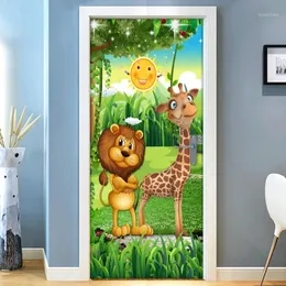 Andere dekorative Aufkleber 3D Wald Cartoon Tier Löwe Giraffe Kinderzimmer Kinder Schlafzimmer Tür Dekoration Aufkleber Wandbild Tapete selbst