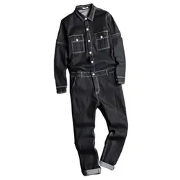 Calças de brim masculinas macacão fino ajuste namorado jean macacões primavera outono streetwear denim bib macacão masculino longo macacão calças281c