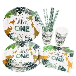 Disposable Flatware Wild One Party Tableware Safari Jungle Birthday Decoration Kids Paper Plate Cup Baby Shower SuppliesDisposable