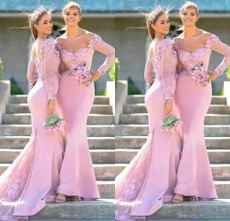 Rosa Mermaid Damas de dama de honra Cetina Mangas compridas Trem africano African Plus Size Size de Honra Vestido Country Wedding Party Wear vestidos 2022
