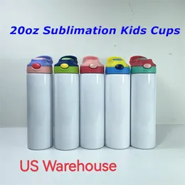 US Warehouse 20oz Sublimation Kidsストレートシッピータンブラーと蓋ストローDIYポータブルウォーターボトル