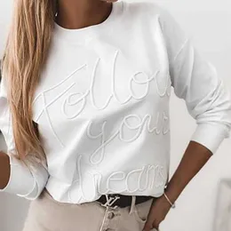 女性ファッションカジュアルホワイトトップロングスリーブトップ秋のトップラウンドネックレターパターン長袖Tシャツ210716