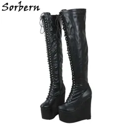 Sorbern 20 cm schmale Absätze, Keilstiefel, Mitte des Oberschenkels, hoch über dem Knie, Plattform, individuelle schmale Passform, Beine, Schnürstiefel, weibliche Drag Queen