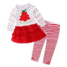 衣料品セット2本の赤ちゃんの女の子のクリスマスの服セット子供の綿のフルフレアの赤い木のパターンTシャツ+ズボンのためのズボン1-6y