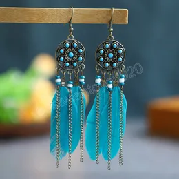 Indiska kvinnor Långblå fjäderörhängen Vintage örhängen Etnisk stam Antik smycken 2022 Rund blomma damer öron