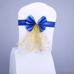 Coprisedia Bowknot Cover posteriore Fiore Matrimonio Filato Fiocco Decorazione elastica dorata Telai Decorazioni per la casaSedia