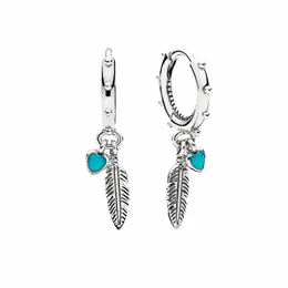 Turquoise Hearts and Feather Hoop Kolczyki Women 925 Srebrny projektant Prezentacja Biżuteria Prezent ślubny z oryginalnym pudełkiem do pandora wisiorek