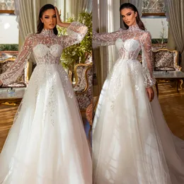 Glänzendes elegantes Hochzeitskleid mit Stehkragen, Applikation, A-Linie, Brautkleider, schlicht, langärmelig, Übergröße, nach Maß, Party-Brautkleider