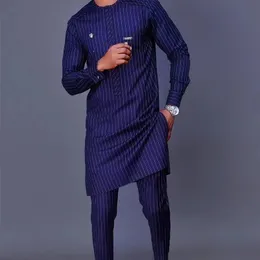 Randig tryck långärmad afrikansk etnisk mens toppbyxor 2 stycken outfit set män kläder kostym dashiki skjorta byxa 220726