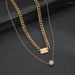 Pendant Necklaces ALLME Vintage Letters Printed Square Coin Faux Pearl Necklace For Women Girls Titanium Steel Accessories