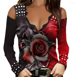 Женская футболка плюс размер женщин летняя мода с открытыми плечами Сексуальные кружевные пластины с v-образным вырезом подходят женские футболки с длинными рукавами футболка Phyl22