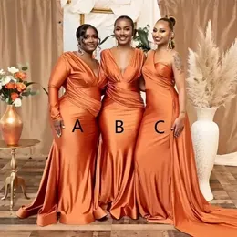 2022 Bridesmaid Dresses One Shoulder V Neck Long Sleeves Satin Floor Length Custom Made Plus Size Maid of Honor Gown African Country Wedding Wear vestidos