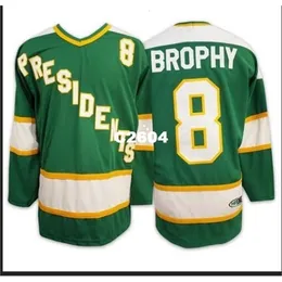 Chen37 Real Men echte Vollstickerei #8 BROPHY SlapShot Film Hyannisport PRESIDENTS Hockey-Trikot oder benutzerdefiniertes Jersey mit beliebigem Namen oder Nummer