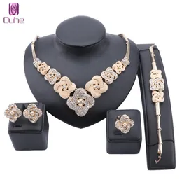 Afryki Dubai Gold Color Crystal Bridal Biżuteria Zestaw Dla Kobiet Bransoletka Kolczyki Ring Wedding Party Jewelry Sets