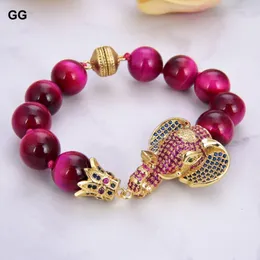 Beaded Strands Guaiguai Jewelry 8 '' 14mm Red Rose Tiger's Eye Armband CZ Pave Elephant Connector for Women Trum22