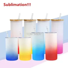 速い！！！ 25オンスの昇華タンブラーガラスはグラデーションカラークリエイティブスパンコールを竹/シリコンのふたとストロー夏のストレートドリンクウェアジュースカップでボトルを形作ることができますee
