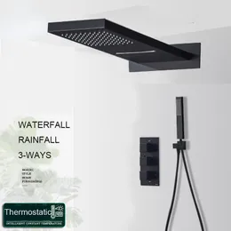 Mat siyah yağmur şelale duş seti termostatik mikser banyo duş miktarı musluk 3 yol duş musluk duvarı monte