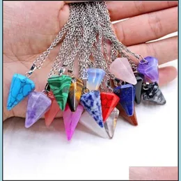 Pendant Necklaces Hexagonal Column Natural Stone Pink Stones Chamrs Tapered Section Pendum Crystal Pendants Necklace For Dhseller2010 Dhfcs