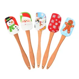 Christmas Silicone Scraper Xmas Bakeware Cream Butter Spatula with Wooden Handle Great Present for Christmas Decorating