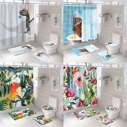 Söt dinosaurie rolig dusch badrum gardin set vattentät katt nordisk stil tyg pastell toalett lock täck mattan non-slip mat 220429