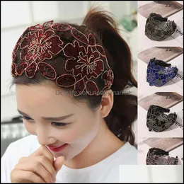 Headbands Hair Jewelry Retro Lace Embroidered Flowers Wide Floral Pattern Elegant Anti-Slip Toothed Hoop Wrap Accessories Drop Delivery 2021