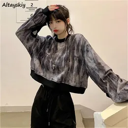 Felpa corta Donna Casual Stile coreano Primavera Tie Dye Nero Morbido Allentato Allmatch Adolescenti Ragazze Abiti alla moda Ins 220815