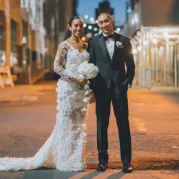 Русалка свадьба великолепные платья 2022 Свадебное платье v Шея 3D цветочные кружевные оборки с длинными рукавами.