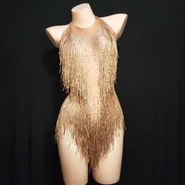 Kvinnors tvåbitar byxor Kvinnor Guld Rhinestone Tassel Latin Dance Bodysuits Sexig nattklubb DJ Pole Leotard Carnival Party Stage Performance o