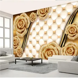 Sfondi di fiori di rosa dorata di lusso in 3D pacchetto morbido gioiello tv wall paper329c