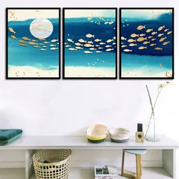 Abstract Moon Golden Fish School 3p Kit Canvas Målning Modern heminredning vardagsrum sovrum väggdekor bild