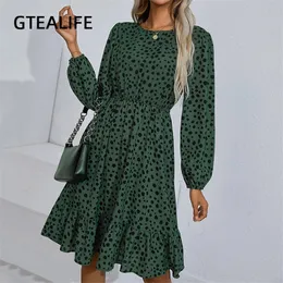 GTealife Green Women Autumn Winter Dalmatian Print Ruffle hem midi elegancka sukienka boho o szyja długie rękawowe sukienki plażowe 220531