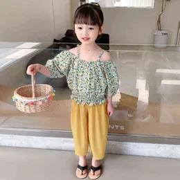 Vestito da ragazza 2022 Summer New Flower Top con bretelle monospalla + Pantaloni a gamba larga Due pezzi Cute Fashion Casual Abbigliamento per bambini G220509