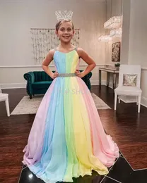 Rainbow Chiffon Little Girl Pageantドレス2022ストラップネックガールズProm Gowns Zipper VバックノースリーブAラインロングキッズフォーマルパーティー誕生日プリンセス2022