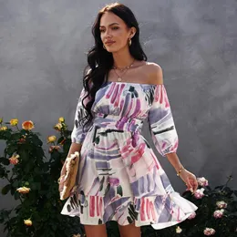 Lässige Kleider Europäischer und amerikanischer Sommer Damen bedrucktes Brustwickelkleid Schleife Neckholder RockLässig