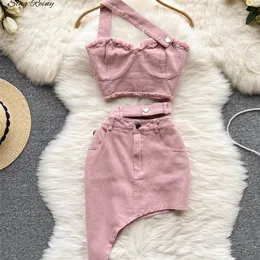 SINGREINY Denim Pink Sexy Women Set Zipper Sashes Button Pocket Irregolare senza spalline Backless Top Gonna di jeans Set due pezzi 220704