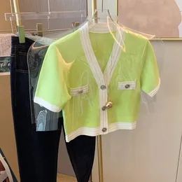 Nuove donne estate moda manica corta con scollo a V neon verde color block lavorato a maglia vita alta casual up-ombelico magliette magliette top SML