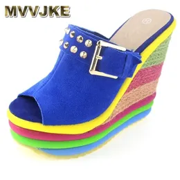 MVVJKE Sandalias Plataforma Summer Shoes Woman Bohemia Rainbow High Heel Slip On Peep Toe Platform Wedges Sandals Y200423