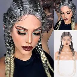 Synthetic Fiber Hair Box Braided 4x Blended Color Lace Front Wig Double Dutch Braid Wigs Super Long with Baby Hair