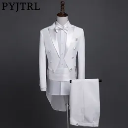 PYJTRL Plus Size S4XL Mens Classic Black White Shiny Lapel Tail Coat Tuxedo Wedding Groom Stage Singer Four Piece Suit 201106