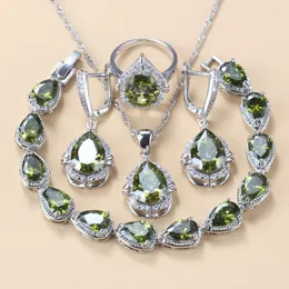 925 Mark Fashion Water Drop Jewelry Sets Women Accessories Olive Green Stone Bridal Necklace Sets Earrings Bracelet And Ring 220718