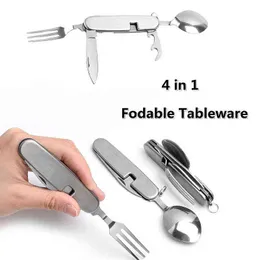 4 I 1 Multifunktionellt utomhusbordsartiklar Rostfritt stål Foldbar gaffel Kniv Kit Picnic Traveling Toming Camping Supplies Y220530