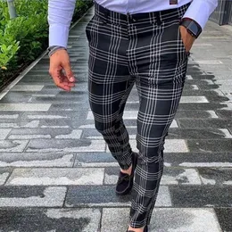 Men's Pants Fashion Casual Stretchy Plaid Slim Fit Trousers Zipper Mid Waist Skinny Business 2022 Streetwear Male