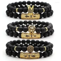 Armreif 2 Teile/satz Naturstein 4 Stil Perle Mann Armbänder Pflastern CZ Kleine Krone Und Ball Armband Klassische Matte Schwarz JewelryBangle Inte22