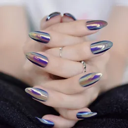 Falska naglar mandel medium akryl nagel spetsar blå krom färgglad full täckmanikyr tillbehör holografisk glänsande yta 24 räkning prud22
