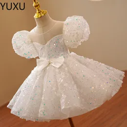 Lace Tulle Flower Girl Dress Bows Back Girls First Holy Communion Gowns Princess Sequined Ball Gown Wedding Party Dress Robes De Fête