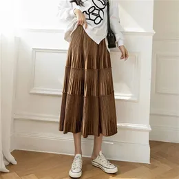 Velvet Lace Patchwork Pleated Cake Long Skirts Elastic Band High Waist Warm Elegant Sukienka Vintage Autumn Women Fairycore Saia 220317