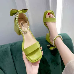 Slipper Brand Ladie Sandal Spring New Fairy Pearl Sweet Square Heel With Mesh Crystal Temperament High Teni Masculino 220622