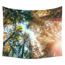 タペストリーの背景美しい自然景観太陽の光の森のプリントカーペット壁吊りソファベッドルームの家の装飾タペストリーJ220804