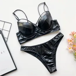 Women's Swimwear Sexy PU Faux Leather Bikini Female Swimsuit Women Two-piece Set With Bra Cup Bather Bathing Suit Swim Y1897