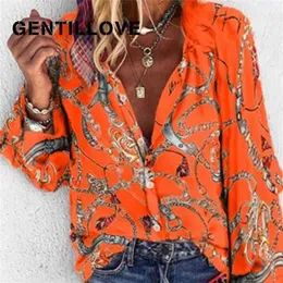 Genlove bayan vintage bluz kadınlar bahar yaz zinciri baskı uzun kollu gevşek gömlek artı 5xl üstler tek göğüslü tunik 210326